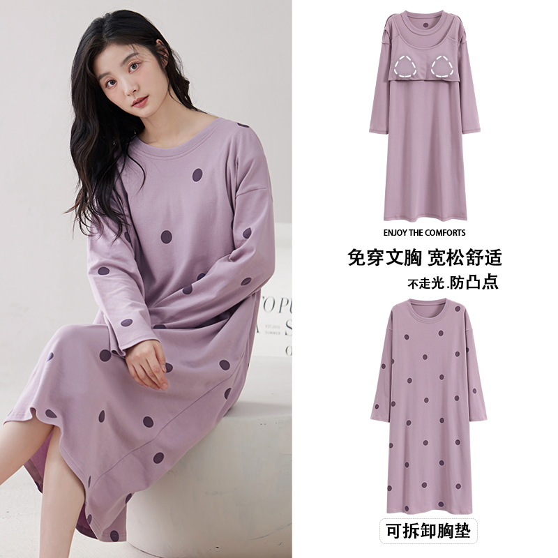 Camisón de las mujeres con almohadilla en el pecho verano primavera y otoño algodón manga larga delgada nuevo leopardo pijamas de algodón de las mujeres desgaste del hogar