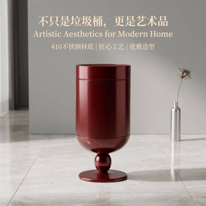 Large Stainless Steel Trash Can for Living Room, Home Use, Vintage Style, Red, Bathroom, Retro, High-End, Light Luxury Trash Bin