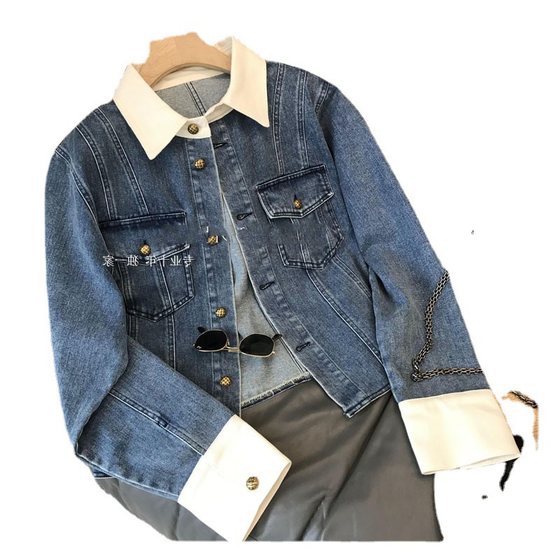 Women's Clothing Just buy it with your eyes closed! Highly recommended! 2024 new color matching white collar niche loose short denim jacket_voghion.com