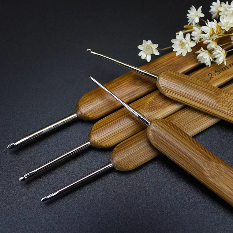 竹柄钩针圆头碳化竹勾针套装手工DIY毛线编织工具毛衣针脏辫穿孔