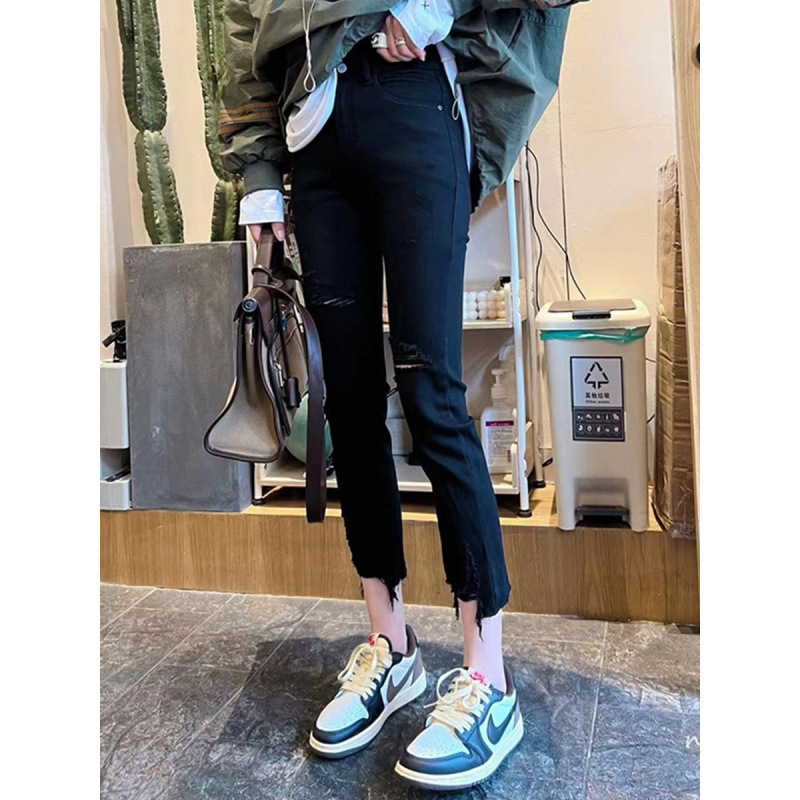 Pear-Shaped Body Straight-Leg Ripped Jeans for Women, Spring/Summer Thin High-Waisted Slim-Fit Flattering Cropped Cigarette Pants for Petite Figures Pear-Shaped Body Straight-Leg Ripped Jeans for Women, Spring/Summer Thin High-Waisted Slim-Fit Flattering Cropped Cigarette Pants for Petite Figures