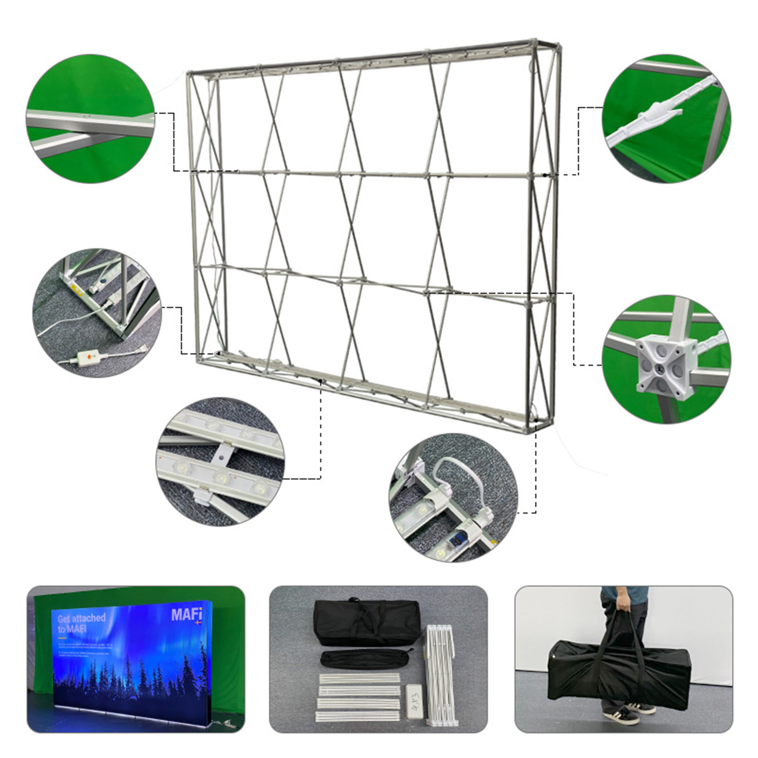 Exposición de pantalla LED alargada caja de luz portátil exposición de pantalla rápida de aleación de aluminio pared de firma pared de fondo luminosa portátil