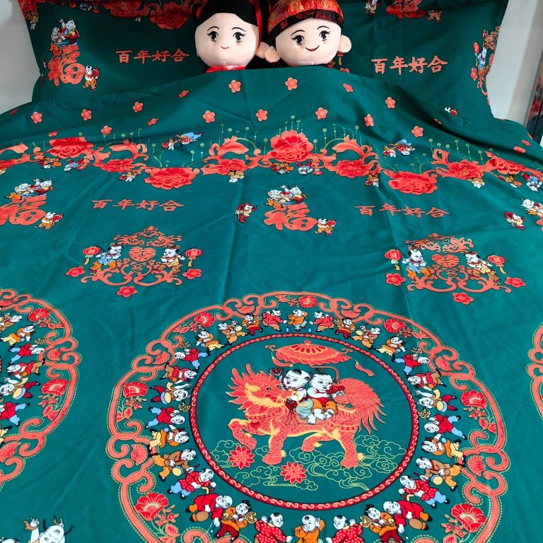 大绿色百子图被罩四件套床单布料棉中式结婚庆床品红绿被aω