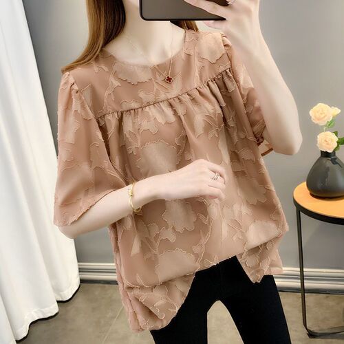 Short-sleeve chiffon blouse for women, spring fashion top, trendy European-style base shirt—early spring edition