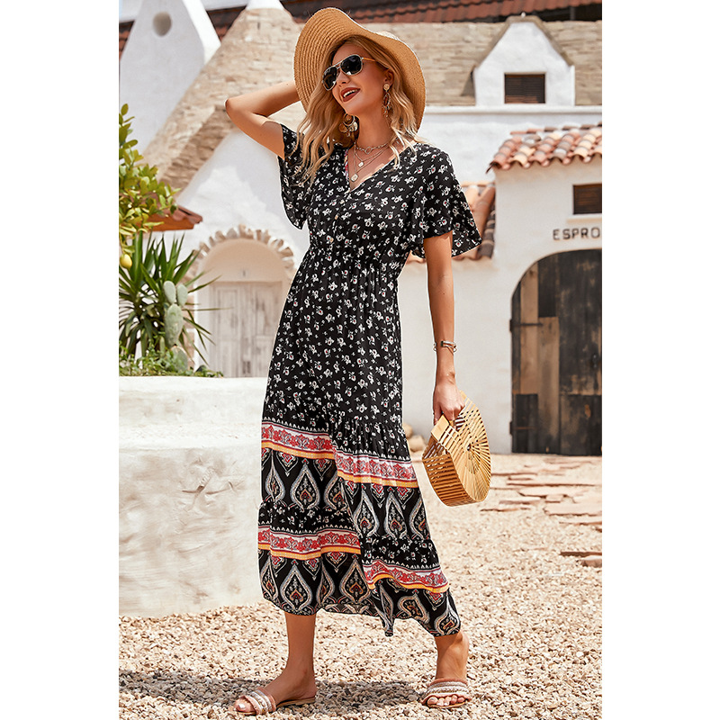 fashion cotton printed V-neck short-sleeved long dress NSMAN53269