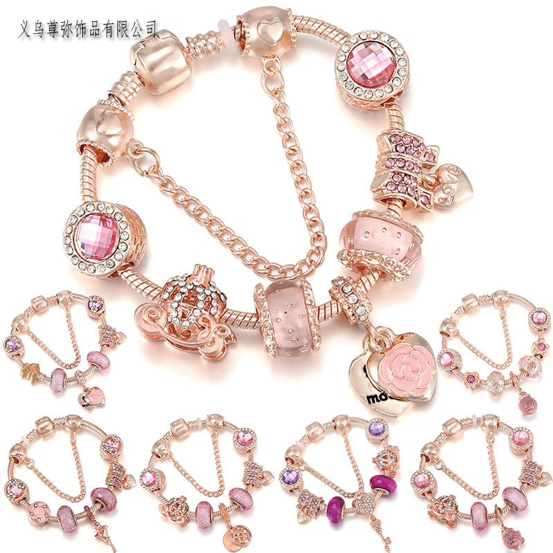 PAN European and American Style Series Princess Crown Car Rose Pendant Ladies Bracelet Free Combination DIY Beaded Jewelry