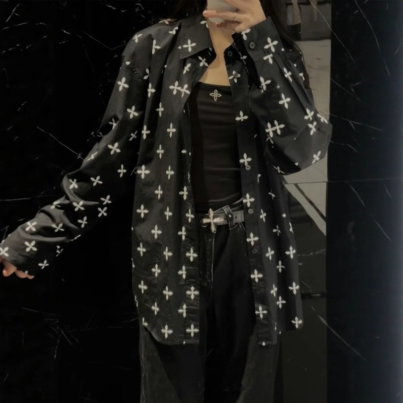 Sk Black Garden Wide Cotton Yarn Shirt Cross Flower Full Print Casual Long Sleeve Shirt Jacket