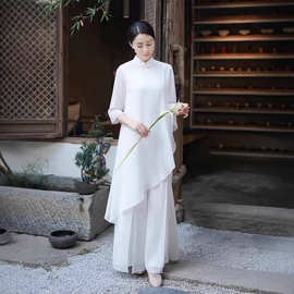 飘逸禅意茶服仙气佛系女装中式中国风白色居士打坐套装欧美其他