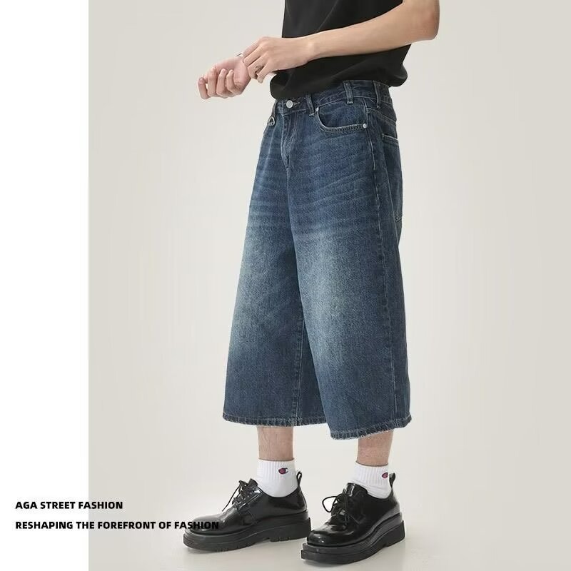 American Retro Distressed Blue Denim Shorts for Men, Summer Niche Versatile Loose Straight Wide-Leg Cropped Pants with Drape Effect