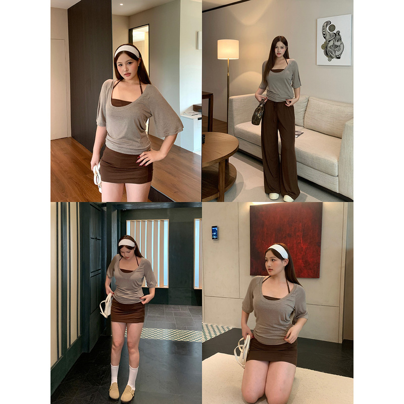 Bear Chili Slightly Fat mm Large Size Pure Desire Two-Piece T-Shirt with Camisole Inside to Slimming Look and Hip-Covering Skirt Bear Chili Slightly Fat mm Large Size Pure Desire Two-Piece T-Shirt with Camisole Inside to Slimming Look and Hip-Covering Skirt