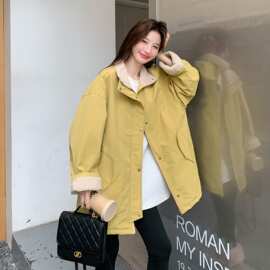 美式复古加绒加厚立领拉链棉服女中长款时尚宽松显瘦保暖通勤外套