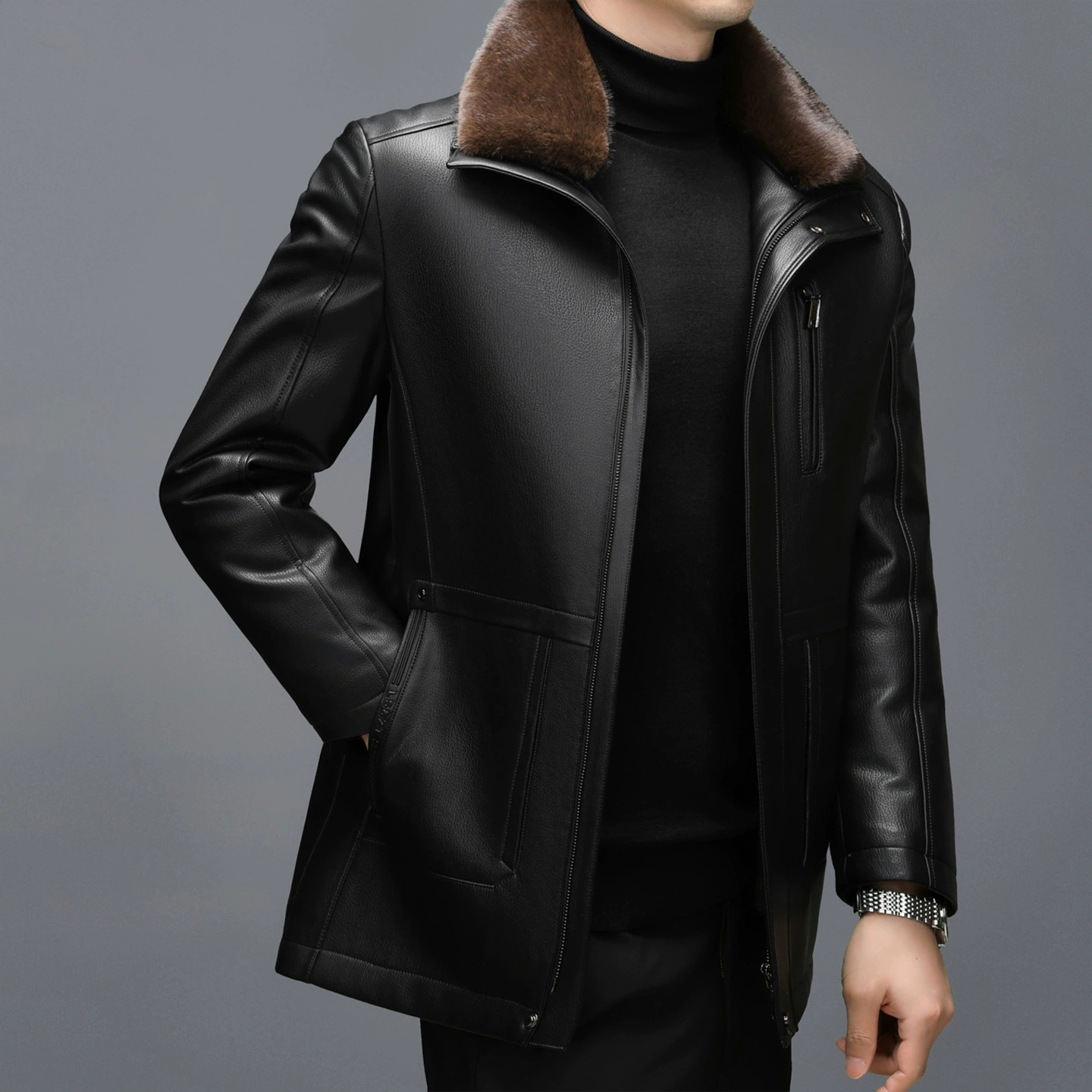 Long Leather Jacket, Mid-Length Genuine Leather, For Middle-Aged Men, Thick Lined