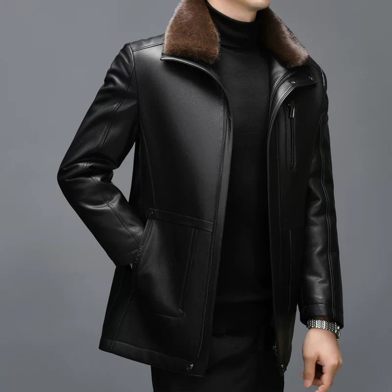 Long Leather Jacket, Mid-Length Genuine Leather, For Middle-Aged Men, Thick Lined