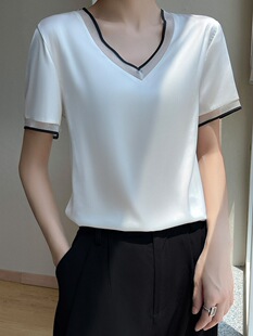 (Cross-border trading), summer silk T-shirt, solid color elegant vest, V-neckline