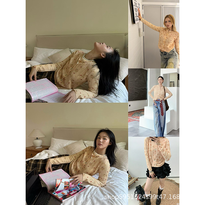 高品质2025秋季新款复古斑驳小碎花印花毛衣开衫上衣女潮牌