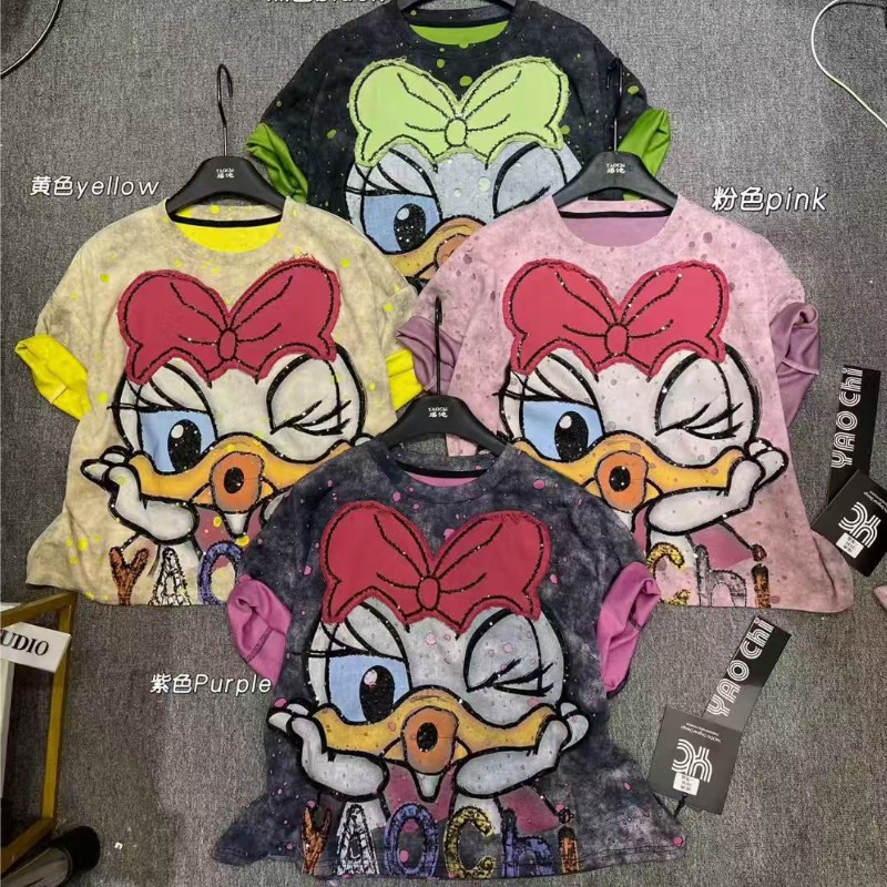Tide 25 primavera y verano nuevo suelto camiseta de impresión de mangas cortas de mujer dibujos animados versátil diseño de moda casual camiseta image 1