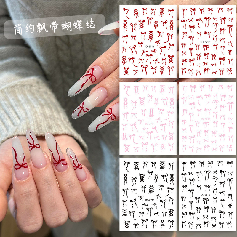 Simple Ribbon Bow Sticker with Adhesive Ultra-thin Cross Strap Red Pink Black Nail Decoration
