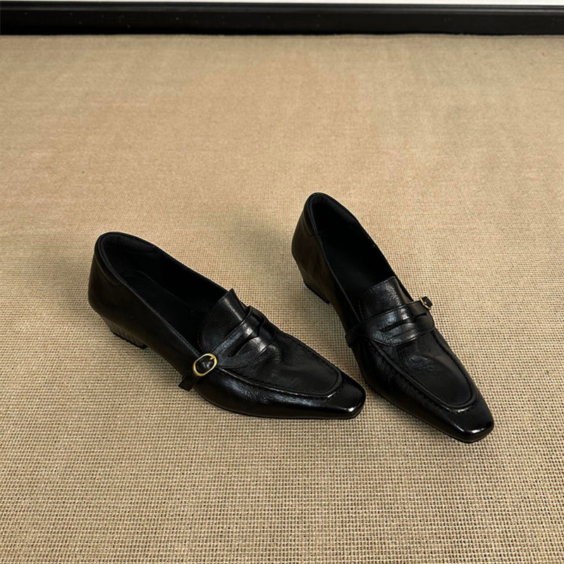 Giày lười nữ da bò mũi vuông gót thô 4 cm phong cách retro, khóa cài, giày công sở xỏ chân — Màu nâu (4cm) hàng có sẵn, Màu đen (4cm) hàng có sẵn