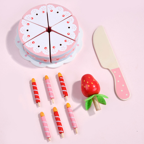 Wooden children's role play simulation strawberry cream cake dessert play house afternoon tea set early education toys