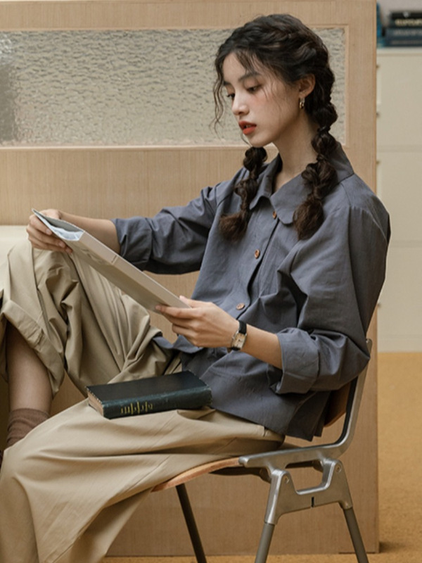 日系磨毛宽松显瘦设计感衬衫上衣女2025早秋款Polo领长袖开衫衬衣|undefined
