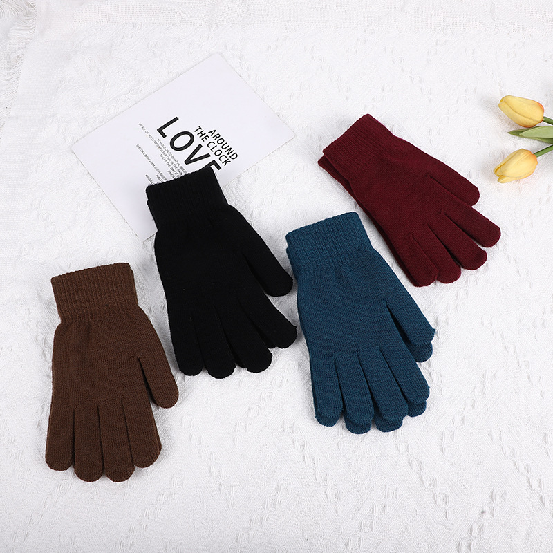 纯色手套男女士秋冬季保暖弹力毛线五指学生手套骑行