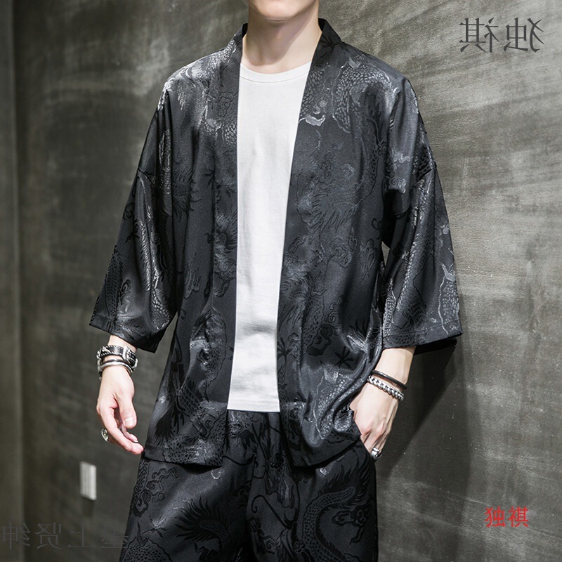 Fat Man Summer Dark Pattern Dragon Robe Coat Men's Seven-point Sleeve Thin Men's Plus Size Japanese Cardigan Robe Kimono Loose