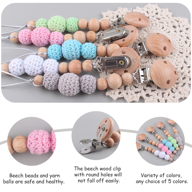 Productos para bebés y niños abrazadera de beech para apaciguar bebés bola de lana de madera tetina cadena de cadena de Amazon AliExpress