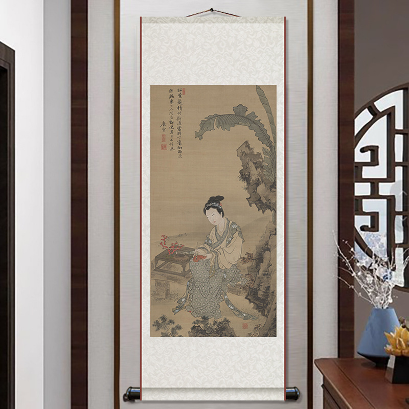 唐寅国画花鸟人物条幅挂画客厅装饰画唐伯虎画丝绸卷轴挂画