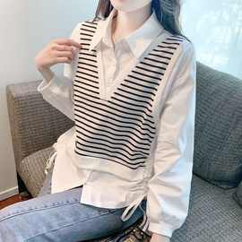 假两件条纹衬衫女装2025年新款春秋冬宽松领抽绳长袖雪纺上衣