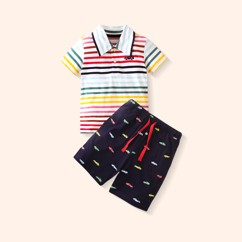 2025 verano nueva tendencia de moda para niños pantalones cortos de manga corta traje de camisa POLO traje de dos piezas a rayas para niños