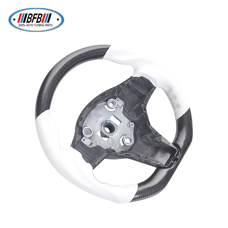 100% Real Carbon Fiber Forged Steering Wheel with White Leather and White Stitching - For Tesla Model Y - Modification