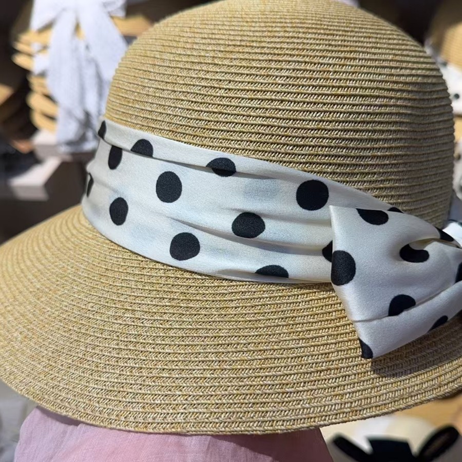 Hepburn Style Polka Dot Straw Sun Hat For Women With Bow_voghion.com