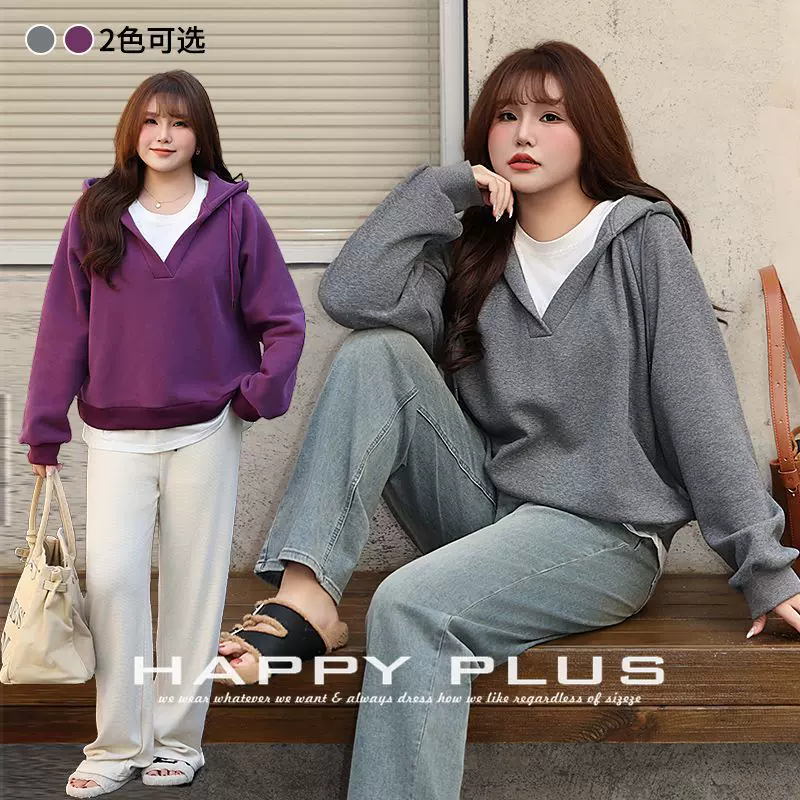 加绒假两件连帽插肩袖卫衣润其8779大码秋冬宽松韩版休闲卫衣内搭