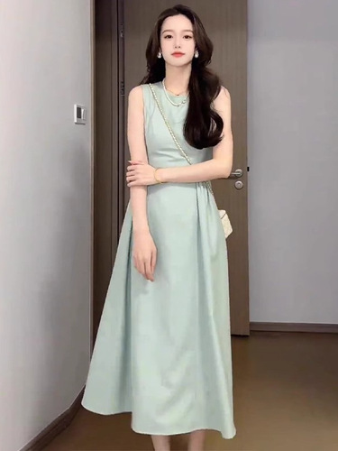 French-style gentle temperament pink sleeveless backless dress, beautiful, unique, high-end, waist-cinching A-line long dress for summer