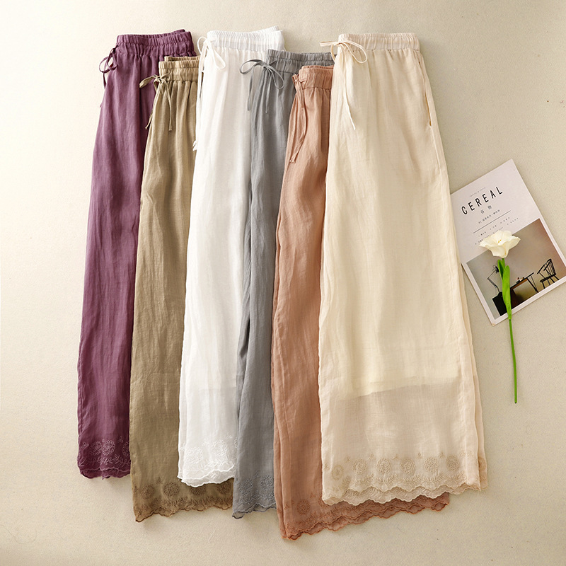 夏季2025复古重工刺绣休闲简约百搭裤女双层阔腿裤文艺夏季薄款