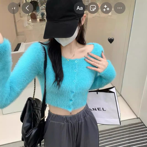 Long-sleeved square collar knitted cardigan women's autumn 2025 new high-waist base slim sweater short top