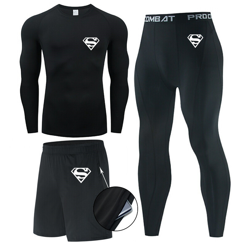 Traje de hombre de compresión de tres piezas de secado rápido medias de manga corta para correr traje deportivo ropa de entrenamiento de baloncesto gimnasio