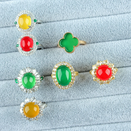 Natural green chalcedony ancient gold ring Imperial green chalcedony inlaid women's ring Blue chalcedony pink chalcedony inlaid women's ring jade