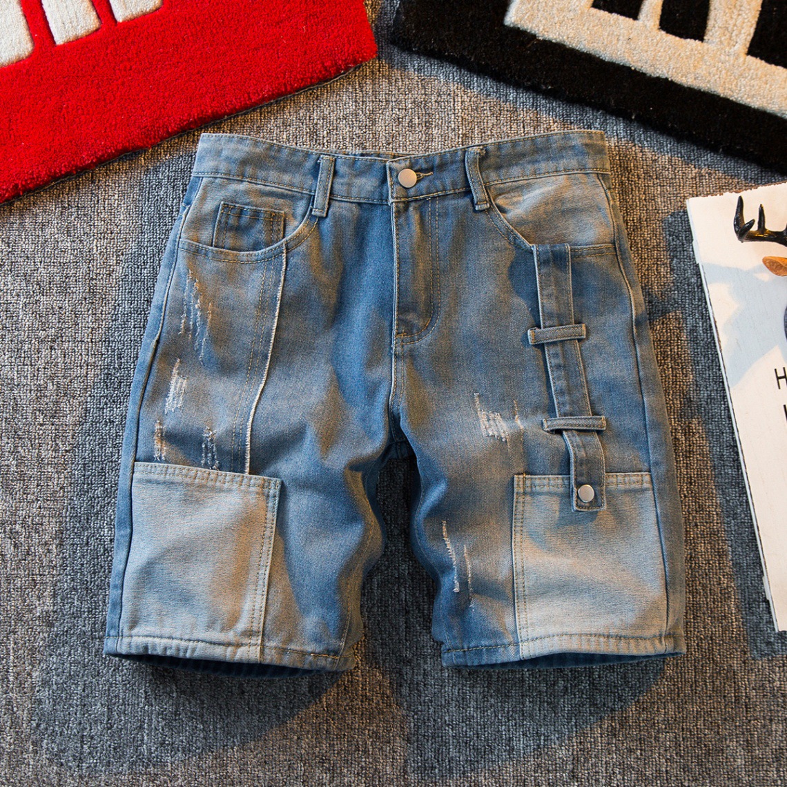 Men's Slim Fit Denim Shorts Casual European Style Summer Color Block Five Point Cargo Shorts_mkmklike.com
