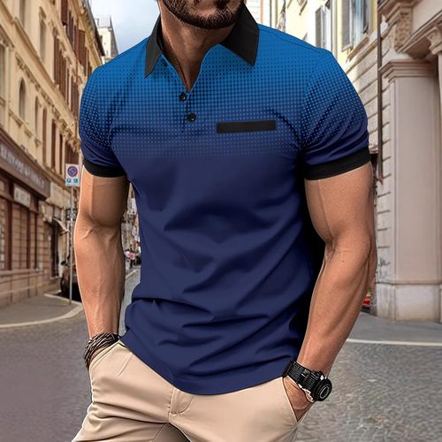 European and American Independence Station Summer Men's Color Matching 3D Print Short-Sleeves Button Lapel Casual Polo Shirt No