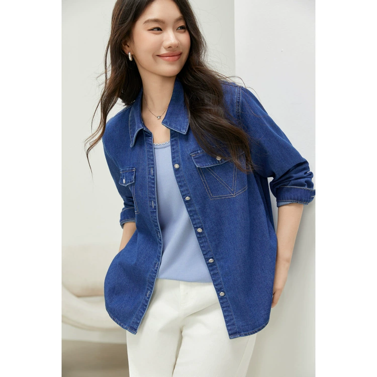 [Wild темпераментный отворот джинсовая рубашка] Funny Show большой размер модный топ толстый mm2025 весенний новый