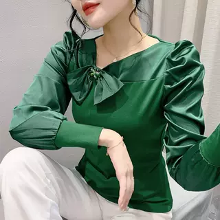 2024春季新款蝴蝶结泡泡长袖女上衣洋气小衫打底衫衬衫显瘦百搭