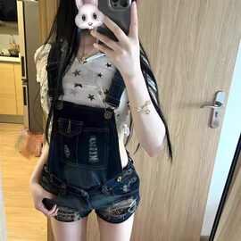 2026辣妹水洗牛仔背带短裤夏季新款美式背带裤复古破洞连体百搭女