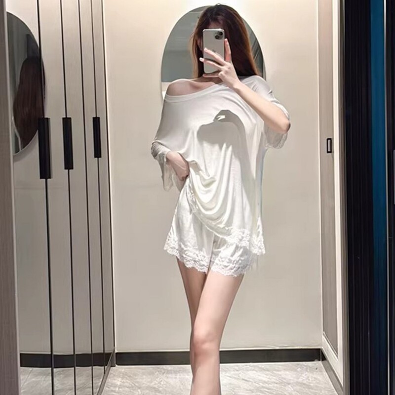 Pajamas with Breast Pads for Women, Summer Short-Sleeved Shorts, Modal Solid Color, Simple, Sweet, Lace, Versatile Home Wear Pajamas with Breast Pads for Women, Summer Short-Sleeved Shorts, Modal Solid Color, Simple, Sweet, Lace, Versatile Home Wear