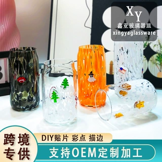 人工开口贴片杯加厚水晶玻璃高颜值彩点杯热粘立体图案杯工厂批发