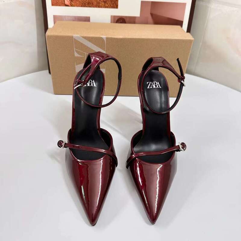 Autumn 2024 New Women's Shoes wine red Patent Leather Pointed-toe Shallow Heel Muller Shoes with Buckle Strap High Heels