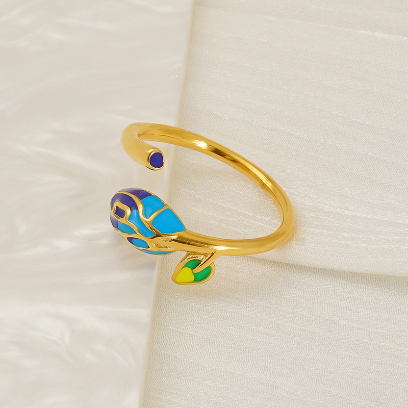 Anillo de hoja de capullo de flor de epoxi europeo y americano, temperamento de moda de Mori, anillo de apertura de tamaño libre ajustable, anillo de dedo de acero inoxidable para mujer