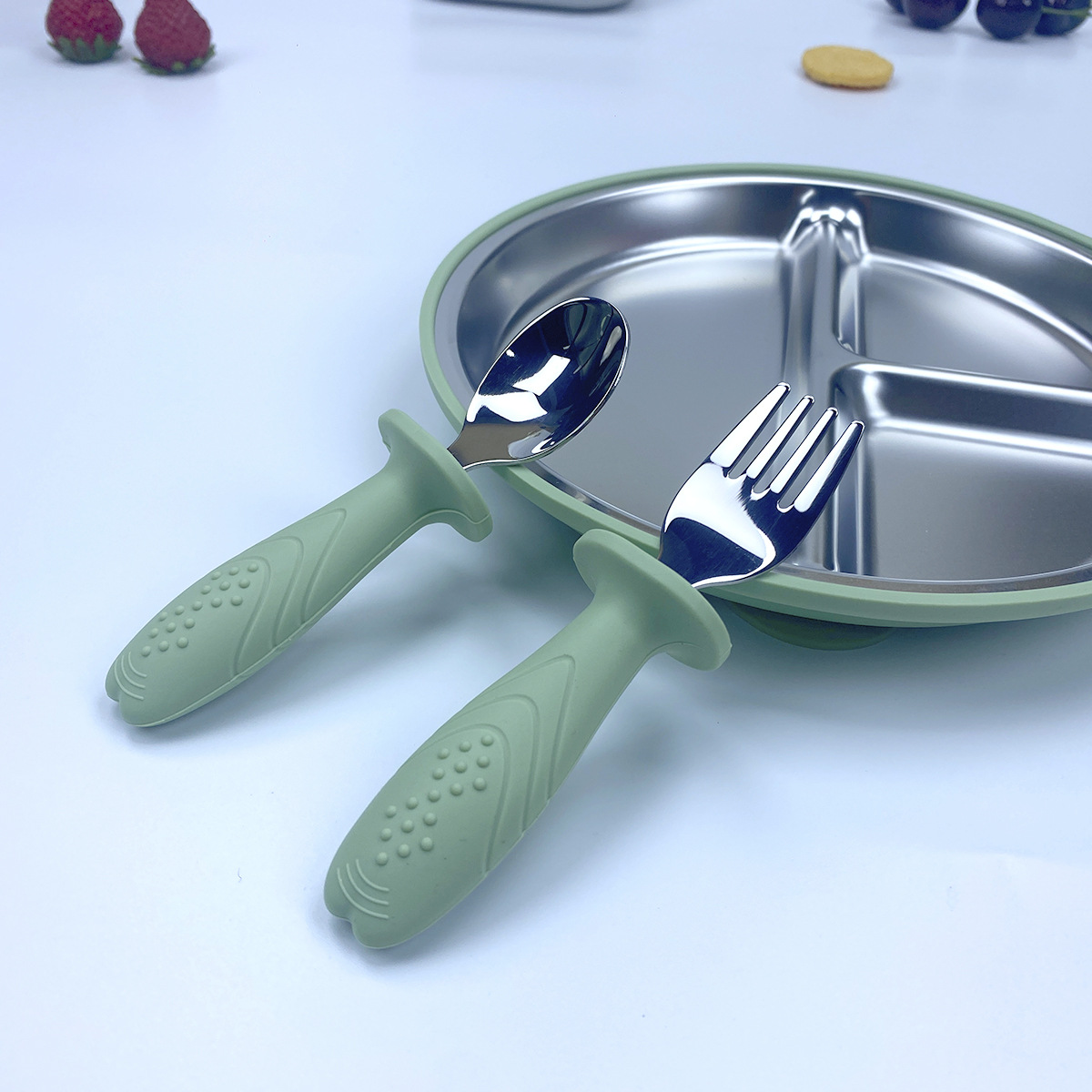 Cuchara y tenedor de acero inoxidable 304 para bebés, especial para bebés que aprenden a comer, entrenando a los niños a comer de forma independiente, vajilla para alimentos complementarios