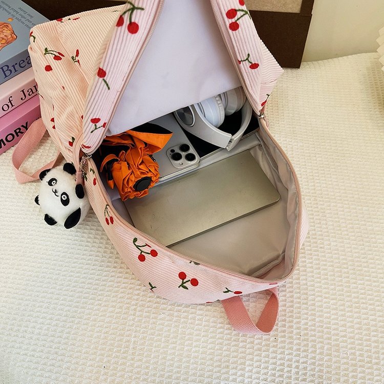 1197g Weight Polyester Lining Material Zipper Closure Type Double Shoulder Straps Strap Type Casual, School, Daily Occasion Corduroy Material Back To School Festival School Backpack Backpack Cherry Pattern All Seasons Season Women's Gender Cute Style Shell Shape Cherry Casual School Daily School Backpack 40