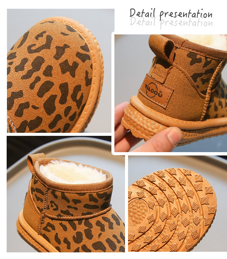 Children's leopard print snow with thick fleece and warm soft sole, medium to children's winter boys' large shoes,_voghion.com